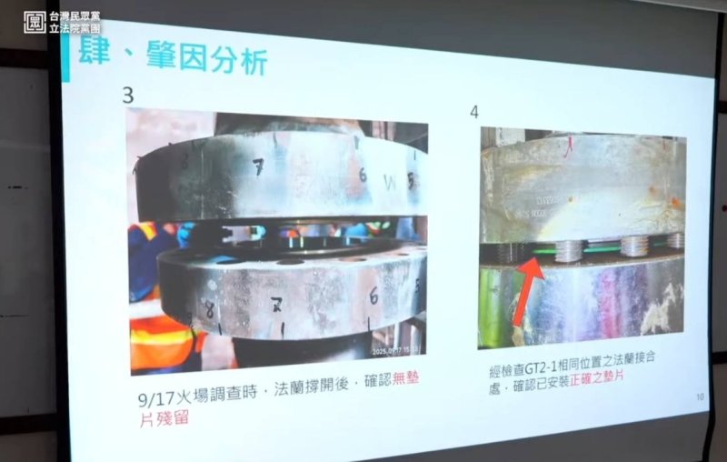 台電報告墊片材質是主因，依照規定應該是金屬。但黃國昌當場質疑，金屬不可能燒到甚麼都不留。