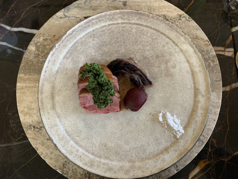 圖／紅豆創意餐桌的主餐爐烤胭脂鴨胸，搭配紅豆、可可與紅酒調和的特色醬汁以及芥菜和羽衣甘藍的苦味，風味融合充滿創意。（高科大提供）