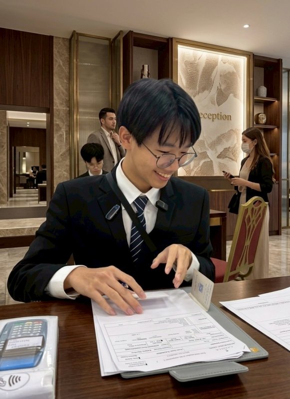 第一名 洪愷璞同學櫃台飯店訂位練習。