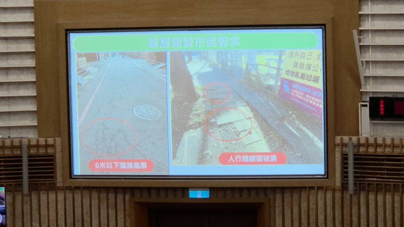 舉轄區內的兩條六米巷道為例，指馬路都已經殘破不堪，影響用路人安全甚鉅，向市府爭取修繕，「但市府給我們的答案永遠都是入案辦理，程序評估是要等經費預算來配合，所以我們建議的這些案子都要等，甚至還回答要分期處理。」(漾新聞記者陳雯萍攝)