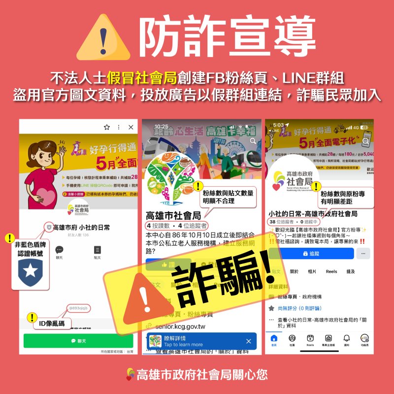 漾新聞｜假冒社會局粉專詐騙再現　高市社會局報案籲民眾勿上當