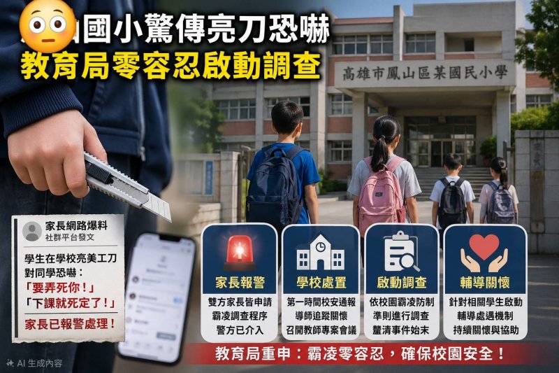 漾新聞|鳳山區某國小驚傳亮刀恐嚇 教局零容忍啟動調查