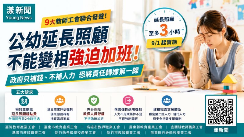 漾新聞|公幼延長照顧增至3小時　9大工會憂變相加班 