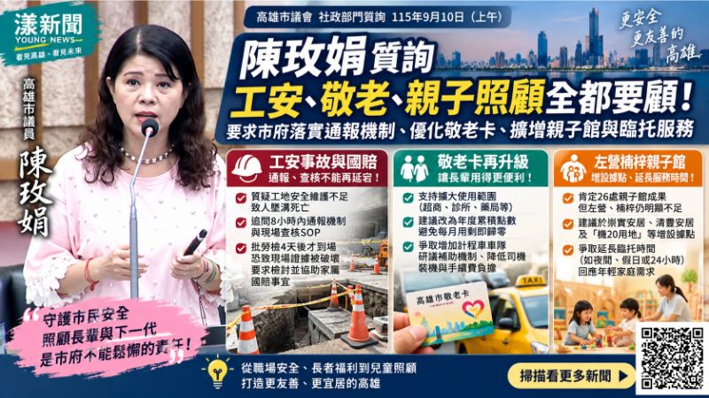 漾新聞｜工安事故「四天後才查？」陳玫娟緊盯國賠爭議　敬老卡、親子臨托也追到底 https://www.youngnews3631.com/news_detail.php?NewsID=17882