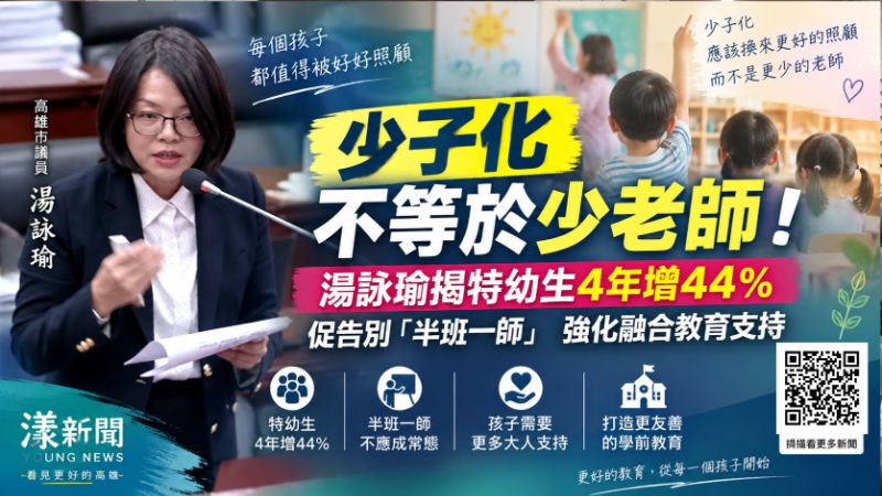 漾新聞|少子化不等於少老師!湯詠瑜揭特幼生4年增44% 促告別「半班一師」 https://youngnews3631.com/news_detail.php?NewsID=18027 漾新聞|少子化不等於少老師!湯詠瑜揭特幼生4年增44% 促告別「半班一師」 https://youngnews3631.com/news_detail.php?NewsID=18027