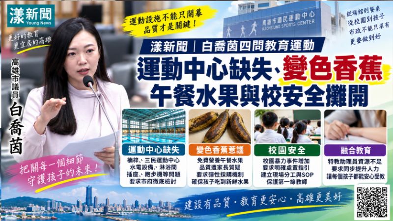 漾新聞|白喬茵四問教育運動 運動中心缺失、變色香蕉午餐水果與校安全攤開 https://www.youngnews3631.com/news_detail.php?NewsID=18049 漾新聞|白喬茵四問教育運動 運動中心缺失、變色香蕉午餐水果與校安全攤開 https://www.youngnews3631.com/news_detail.php?NewsID=18049