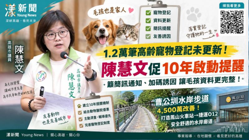 漾新聞|陳慧文追1.2萬筆高齡寵物登記 促10年啟動提醒、曹公圳水岸步道接軌捷運 https://www.youngnews3631.com/news_detail.php?NewsID=18107 漾新聞|陳慧文追1.2萬筆高齡寵物登記 促10年啟動提醒、曹公圳水岸步道接軌捷運 https://www.youngnews3631.com/news_detail.php?NewsID=18107
