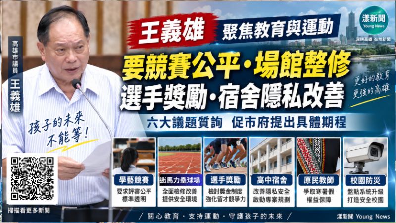 漾新聞｜王義雄緊盯教育運動六大議題　促競賽公平、場館整修與宿舍隱私改善